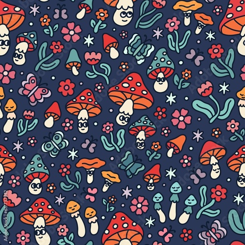 Seamless pattern with funny mushroom characters, flowers, butterflies, stars in cute cartoon style. Colorful print design on a dark blue background