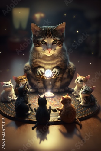 kitten fortune teller conducting a seance with other kittens gathered around the seance circle cartoon cute HD cinematography photorealistic epic composition Unreal Engine Cinematic Color Grading 