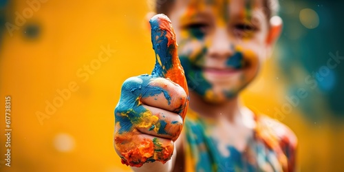 A childs hand giving a thumbs up, smeared with vibrant paint , concept of Vibrant creativity, created with Generative AI technology