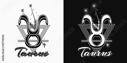 Black and white icon of zodiac sign Taurus with constellation with stars, text, triangle as alchemical symbol for earth element. Horoscope esoteric elements. Vintage style.
