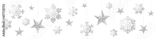 Seamless winter christmas pattern with sumptuous hanging silver colored snowflakes and stars on background.