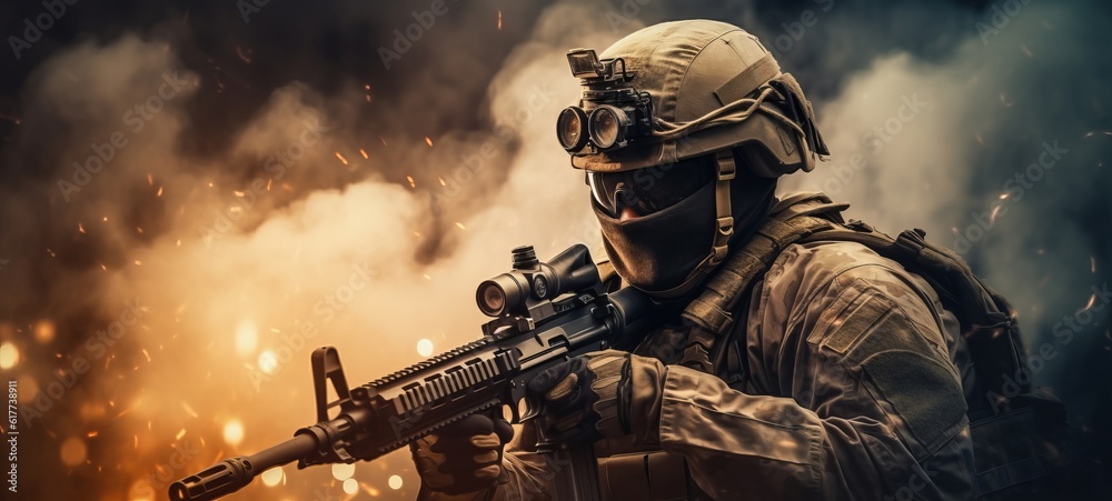 War background - Army soldier fighting with guns and defending his country (Generative Ai) War background - Army soldier fighting with guns and defending his country (Generative Ai)