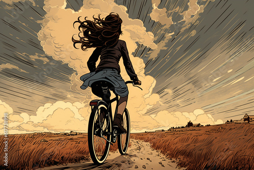 a girl rides a bicycle on a country road against the background of huge clouds photo