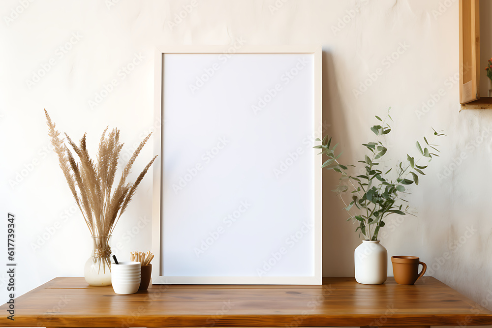 Blank picture frame on a wooden table in a modern living room Mock up AI Generative Blank picture frame on a wooden table in a modern living room Mock up AI Generative