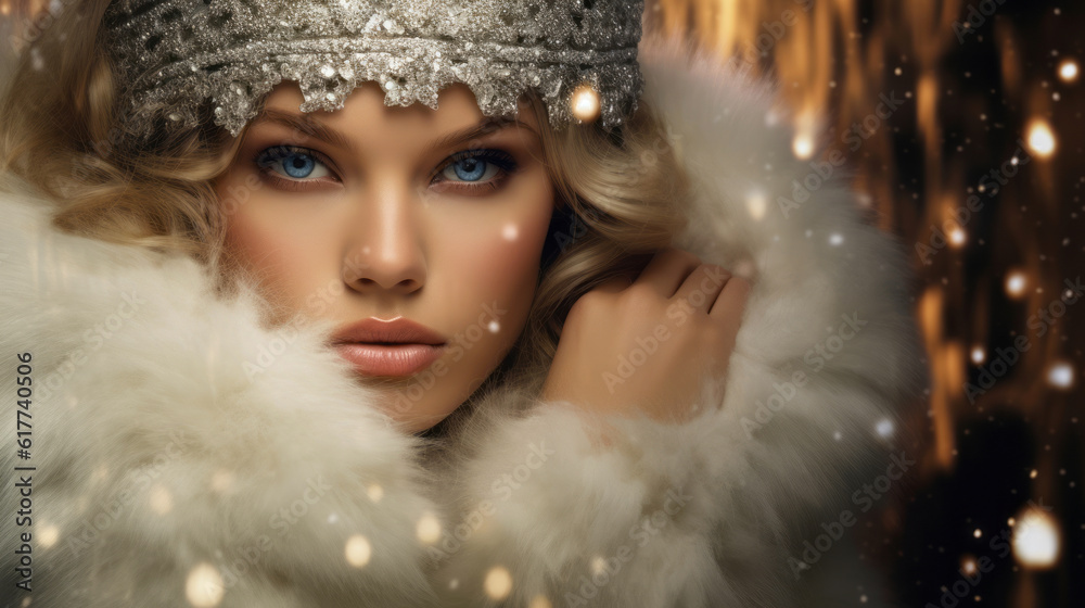 A stylish model in a glamorous winter outfit, adorned with fur, sequins, and jewels, exuding elegance and opulence for a luxurious Christmas design. Generative AI