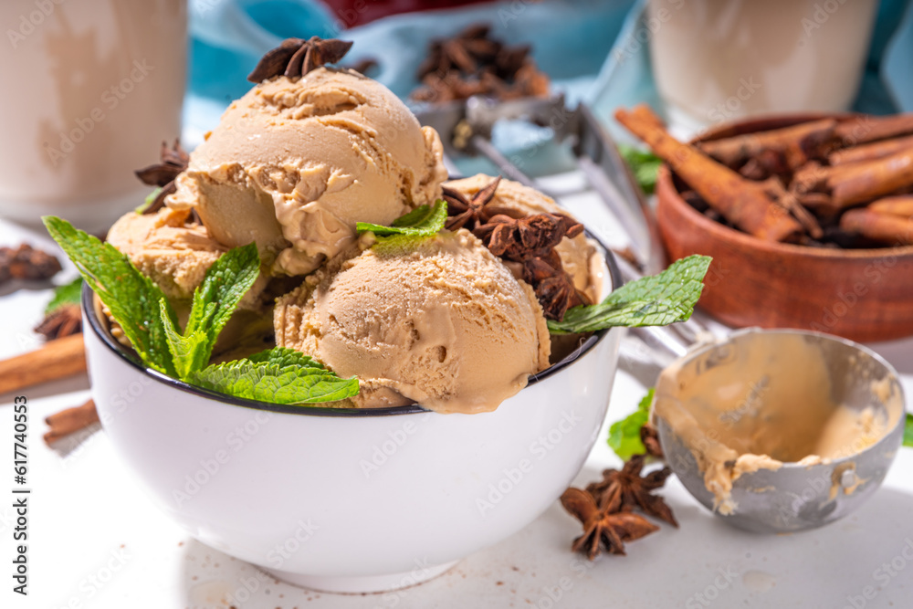Spicy thai tea ice cream balls, asian indian masala spicy gelato with spices and mint, alternative vegan keto summer cold dessert with coconut cream and thai tea Spicy thai tea ice cream balls, asian indian masala spicy gelato with spices and mint, alternative vegan keto summer cold dessert with coconut cream and thai tea
