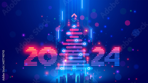 Christmas poster with christmas tree, digits 2024 in electronic technology style. New year, merry christmas congratulations card in cyber computer design. Tech digital banner of event in 2024 year.