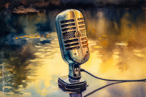 Vibrant watercolored painted microphone illustration capturing the essence of music and creativity. Generated AI