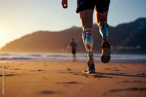 The strength of overcoming: disabled man with prosthetic legs walking on the beach at sunset photo