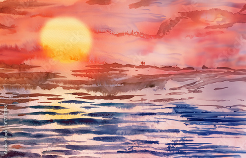 illustrazione Generative Ai di tramonto infuocato su mare calmo photo