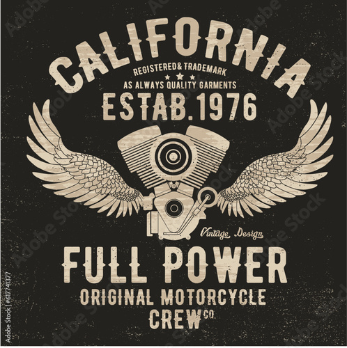 vintage tee print design with motorcycle engine and wings drawing as vector