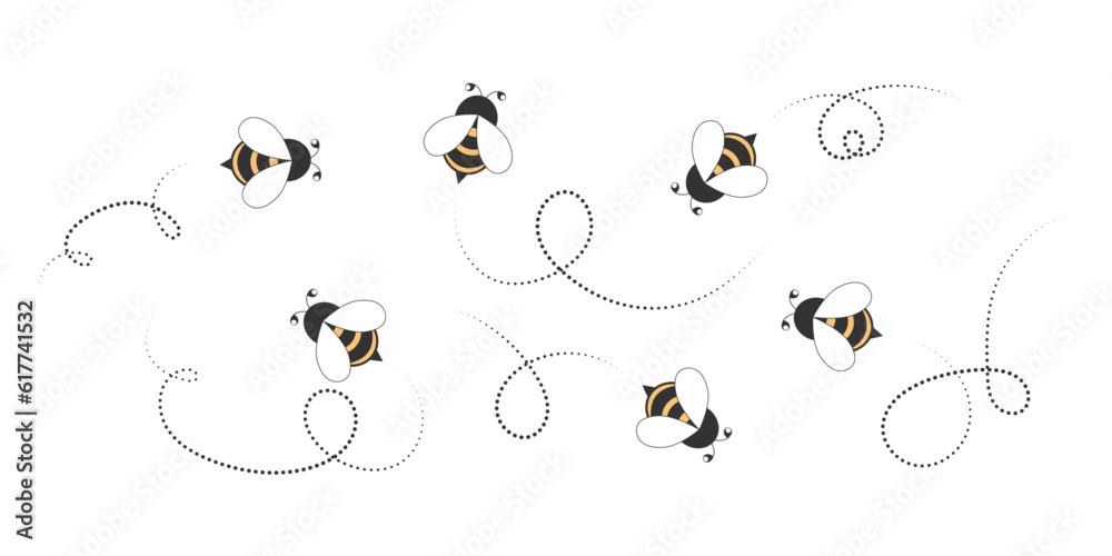 Bee cartoon icons set. Bees fly along a dotted path. Vector illustration isolated on white background. Bee cartoon icons set. Bees fly along a dotted path. Vector illustration isolated on white background.