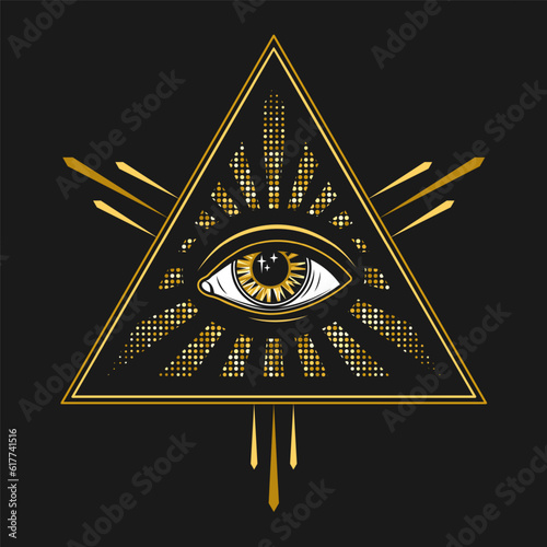 Composition with all seeing eye, third eye, eye of providence. Illuminati symbol in pyramid, triangle with light rays, halftone beams. Golden design in retro, vintage style.