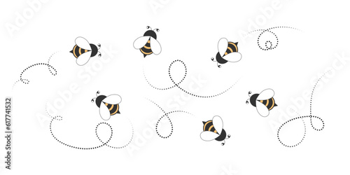 Bee cartoon icons set. Bees fly along a dotted path. Vector illustration isolated on white background.