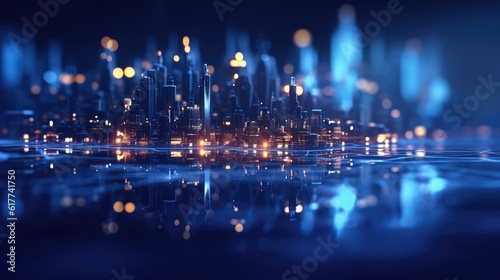 Abstract background of high speed global data transfer and super fast broadband in futuristic tech city at night - Generative AI illustration