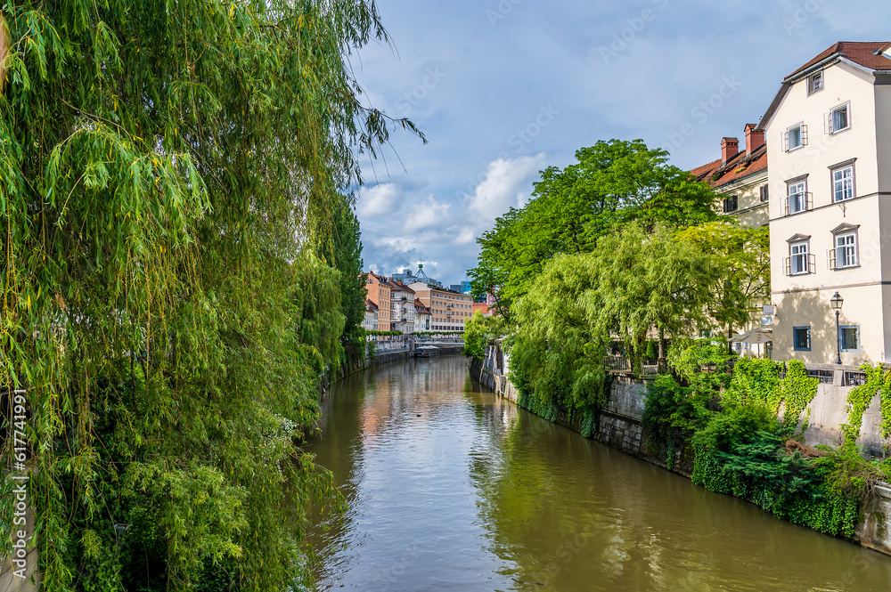 A view down the River Ljubljanica away from the center of Ljubljana, Slovenia in summertime