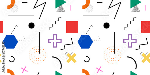 Seamless memphis pattern. Minimalistic geometric endless background on white.