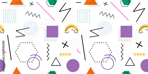 Seamless memphis pattern. Minimalistic geometric endless background on white.
