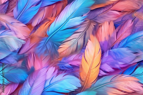 Multicolored holographic feathers, seamless texture in pastel colors.AI generated