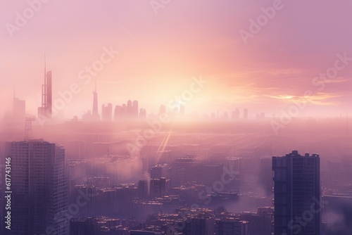 Future city sunset light. Generate Ai