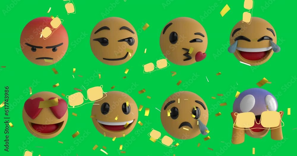 Animation of rows of emoji icons moving on green screen background Animation of rows of emoji icons moving on green screen background