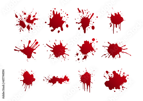 12 red blood splatter stain set vector illustrations