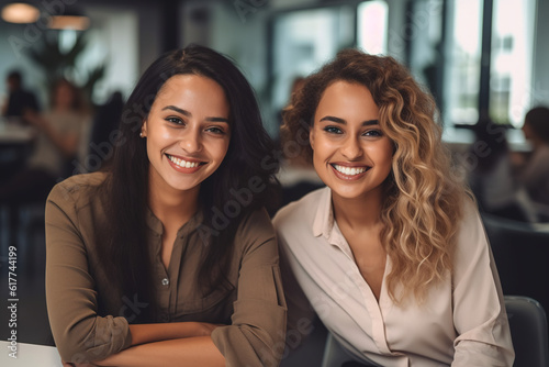 Happy multiethnic smiling business women bonding while sitting together in office and looking at camera. © FutureStock