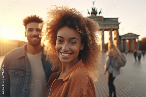 Beautiful young African-American woman with curly hair looking at camera while posing with her boyfriend in front of Brandenburg gate in Berlin.