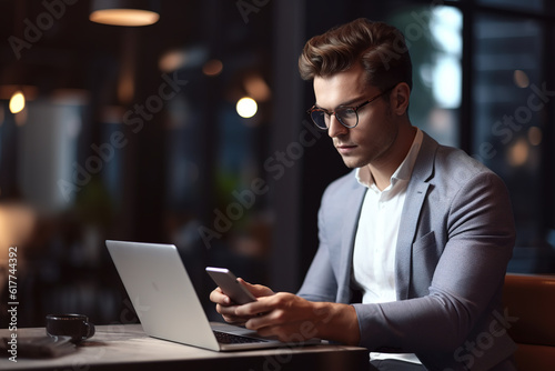 Handsome businessman using smart phone and laptop at office.