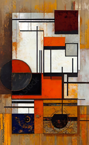 Constructivist abstract art style cover design with circles and line patterns in a grunge style paint effect.