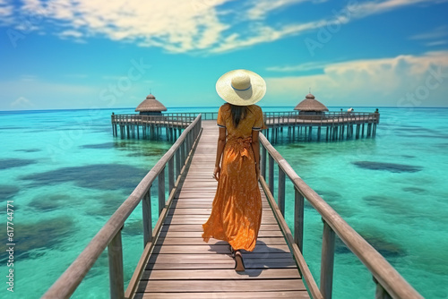 Traveler woman wearing hat and orange dress walking over wooden bridge on Maldives resort.