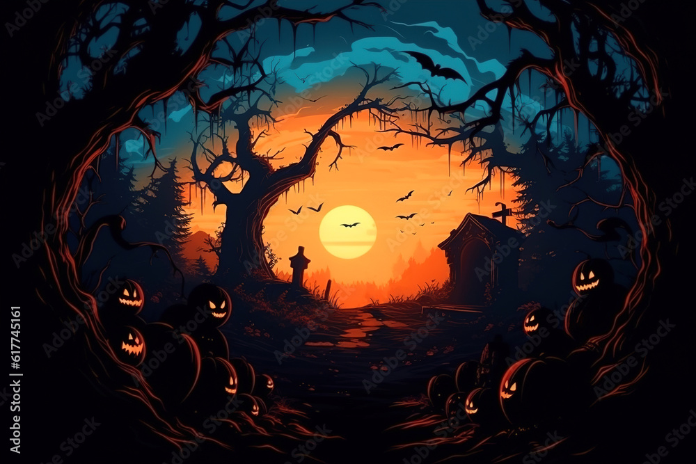 Halloween, graveyard silhouette and pumpkins at full moon at night. Mystical illustration