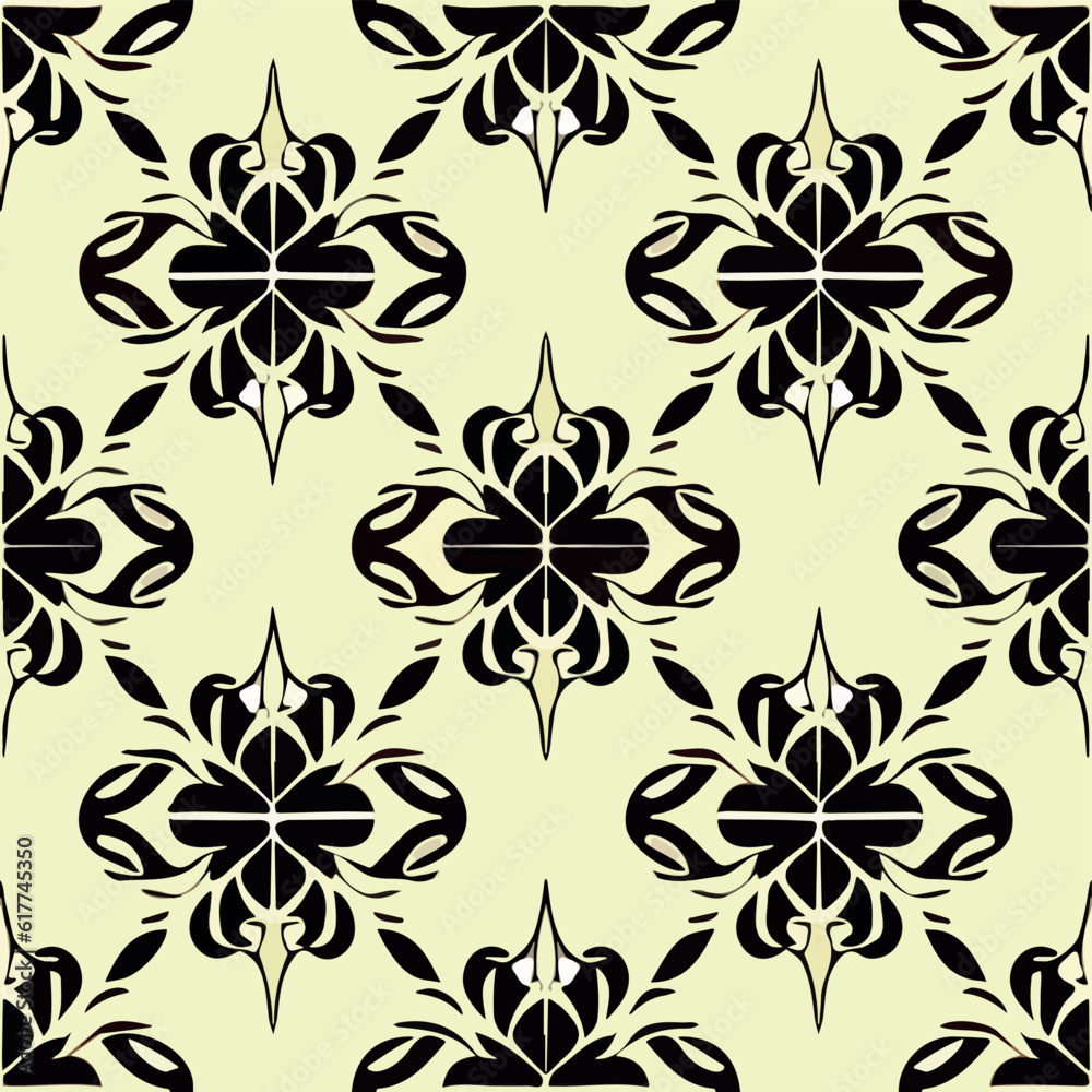 Elegant black and white damask pattern with dark flower motifs on white background.