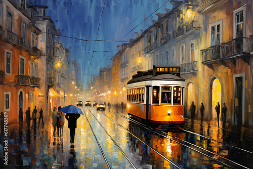 Lisboa impressionist painting. night, raining. Illustration. Impressionist painting from Lisbon. night, rain illustration, traditional route of portuguese cities. illustration created with ai #617745309
