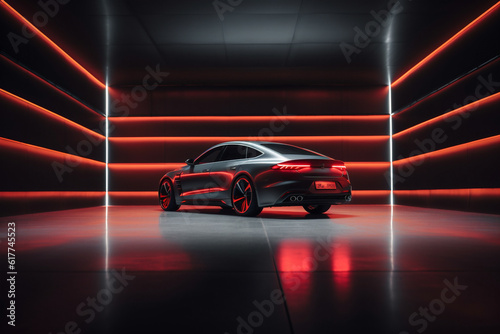 automobile modern dark led red neon transportation luxury car auto. Generative AI.
