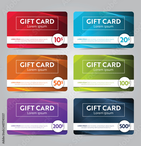 gift cards of different values multicolored template set