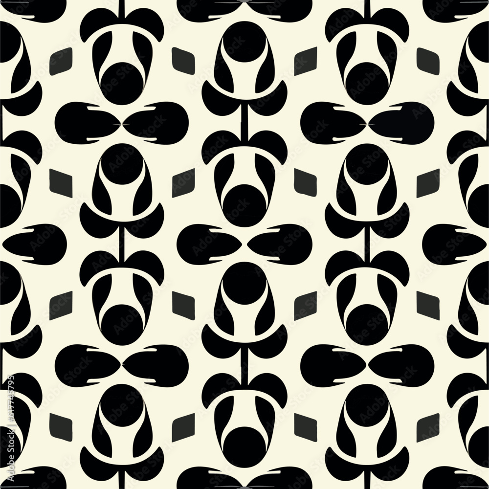 Fototapeta premium Striking black and white shapes on white background. Art nouveau inspired repeating pattern.
