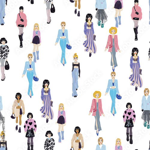 Seamless pattern. Women in trendy clothes. Fashion illustration.