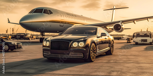 Luxury car and private jet on the runway. Business class service at the airport. Business class shuttle service. Airport transfer. digital ai art
