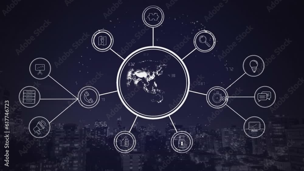 Animation of globe with network of connections over cityscape Animation of globe with network of connections over cityscape