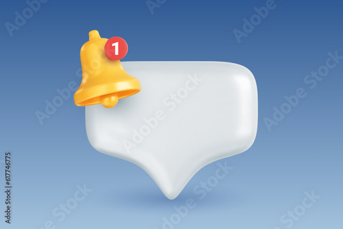 Speech bubble and yellow bell with notification counter. Notification icon. Social media or instant messenger reminder concept. Realistic 3D vector illustration