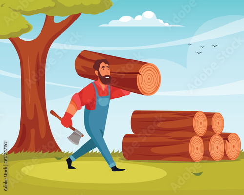 vector illustration of man with large build carrying tree cutting