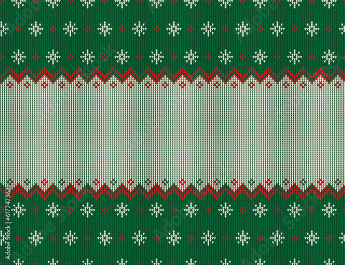 Ugly sweater at Buffalo Plaid Merry Christmas and Happy New Year greeting card frame border . illustration knitted background seamless pattern with folk style scandinavian ornaments.