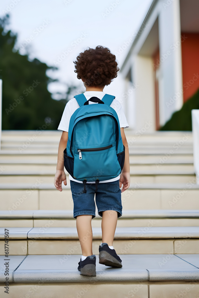 Obraz premium Student boy with backpack on way to school. Concept of back to school. AI generated