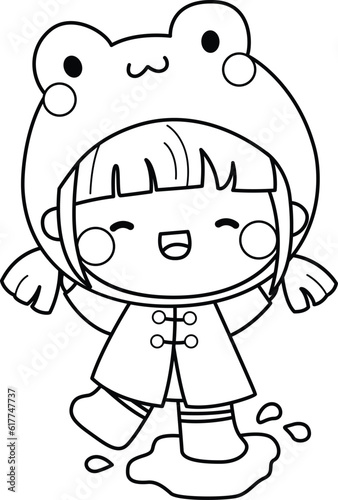 a vector of a girl wearing a frog costume in black and white coloring