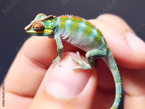 Baby chameleon resting on human finger. Lizard miniature. AI generated