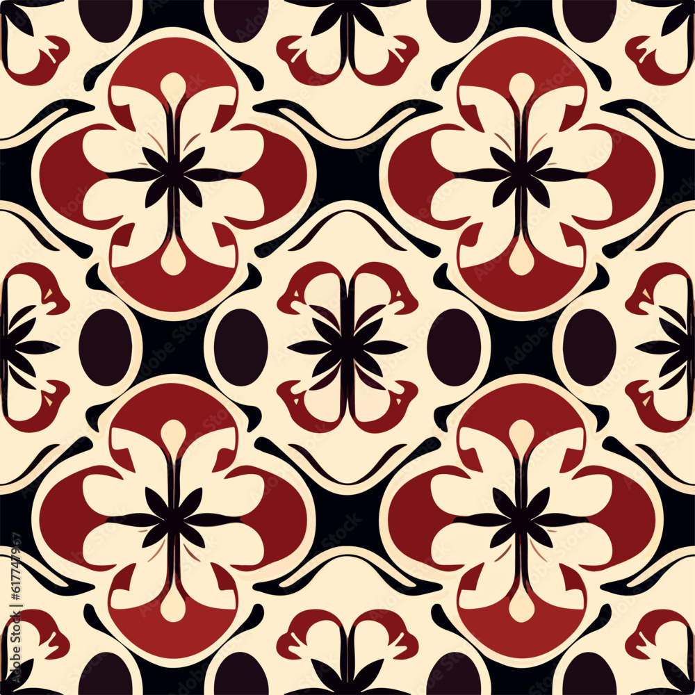 Striking red and black damask pattern with art nouveau flair, perfect for elegant and seamless designs. Striking red and black damask pattern with art nouveau flair, perfect for elegant and seamless designs.