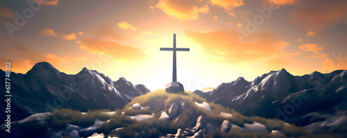 Christian cross on hill at sunset. AI generated