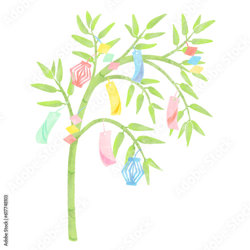 Bamboo with Tanabata decorations and strips  simple and cute hand-painted watercolor illustration                                                                                                   