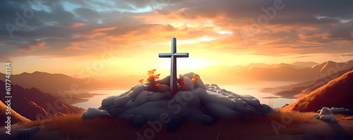 Christian cross on hill at sunset. AI generated © May